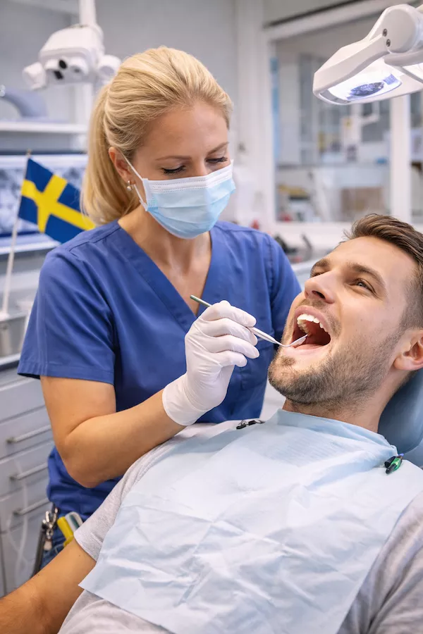 Tandvårdsklinik i Sverige med patient i behandlingsstol – undersökning av tandläkare i blå vårdkläder och svensk flagga i bakgrunden.